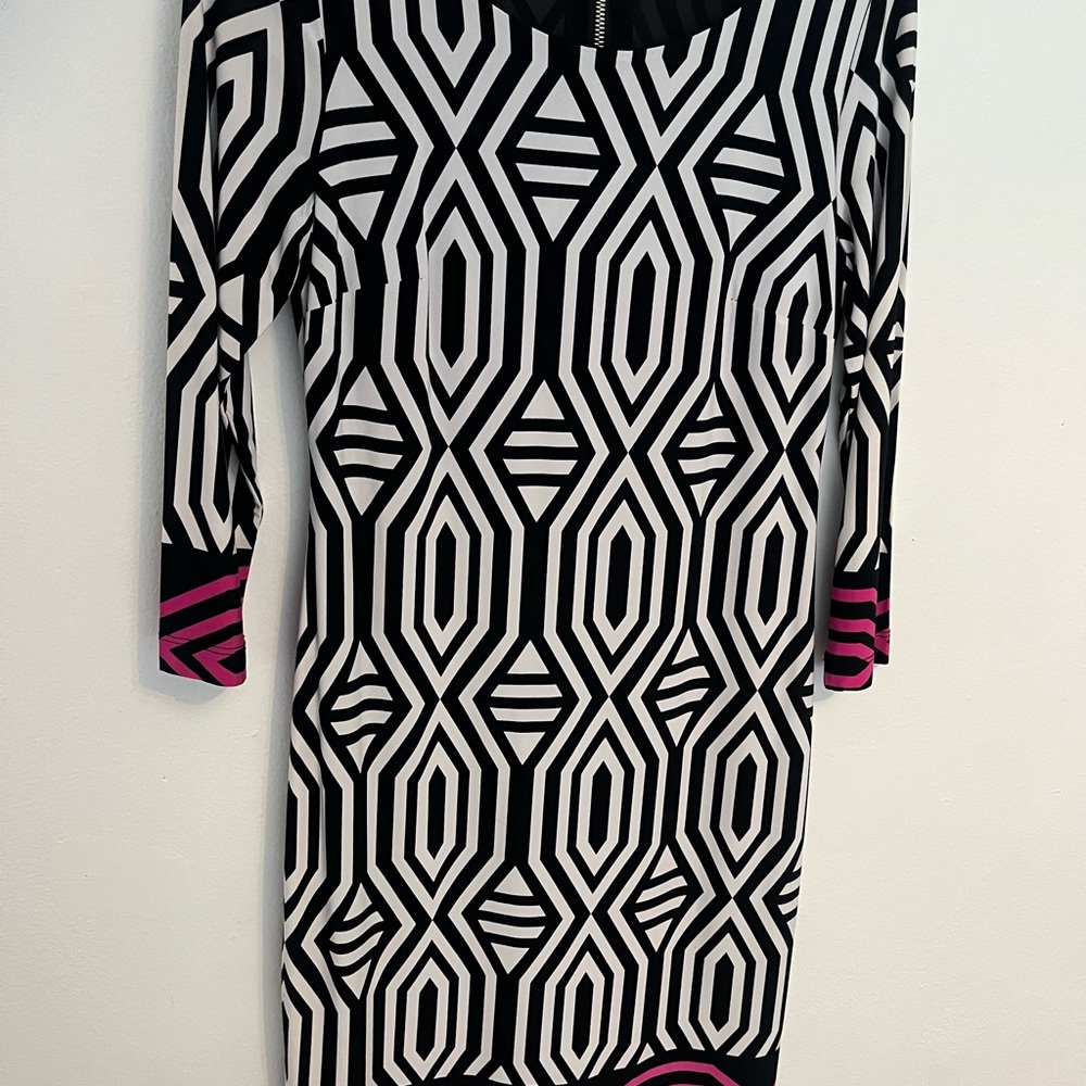 INC/ XS/Geometric Black and White Dress with Pink Accents